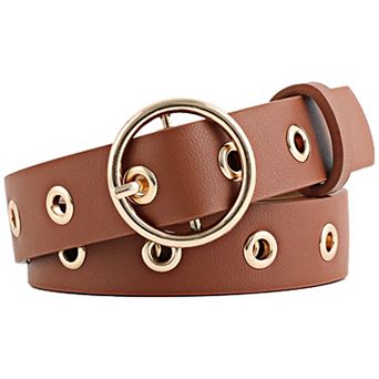 Women's Leather Belt for Jeans Dress Pants Studded Grommet with Circle Metal Buckle