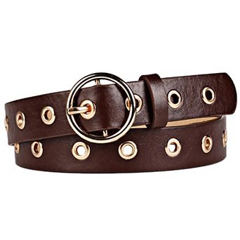 Women's Leather Belt for Jeans Dress Pants Studded Grommet with Circle Metal Buckle