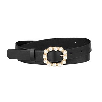 Women's Pearl Waistband Skinny Leather Adjustable Pin Buckle Belt for Jeans Dresses Pants