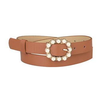 Women's Pearl Waistband Skinny Leather Adjustable Pin Buckle Belt for Jeans Dresses Pants