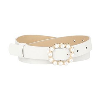 Women's Pearl Waistband Skinny Leather Adjustable Pin Buckle Belt for Jeans Dresses Pants