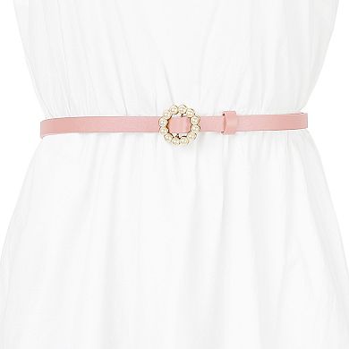 Women's Solid Color Waist Belts Pearl Narrow Leather Adjustable Belt for Jeans Dresses Pants