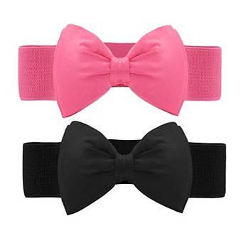 Women's 2 pc Bow Elastic Belts 2.4" Width Elegant Cute Stretchy Cinch Waistband for Dress Wedding