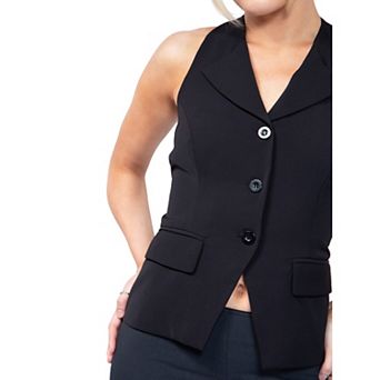 Jess by Meiko Women's Halter Neck Plaid Pattern Front Button Vest