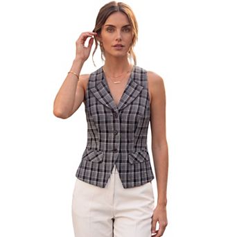 Jess by Meiko Women's Halter Neck Plaid Pattern Front Button Vest