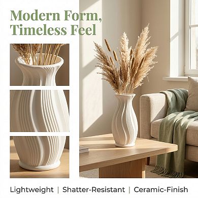 Modern Plastic Flower Vase Unbreakable Geometric Vase with Ceramic Look 3.7"Lx3.7"Wx5"H