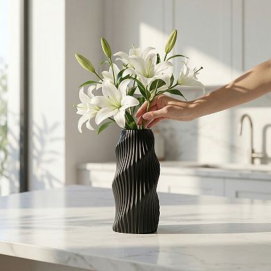 Geometric Flower Vase for Home Decor Unbreakable Plastic Vase with Ceramic Look 3.6"Lx3.6"Wx8.1"H