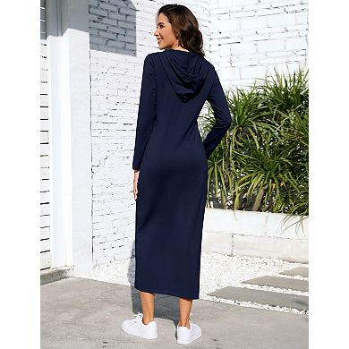 Women's Casual Long Sleeve Button Slim Pullover Maxi Hoodie Dress Sweatshirt Dresses with Pocket