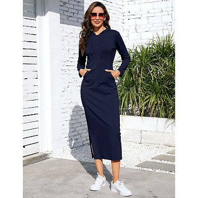 Women's Casual Long Sleeve Button Slim Pullover Maxi Hoodie Dress Sweatshirt Dresses with Pocket