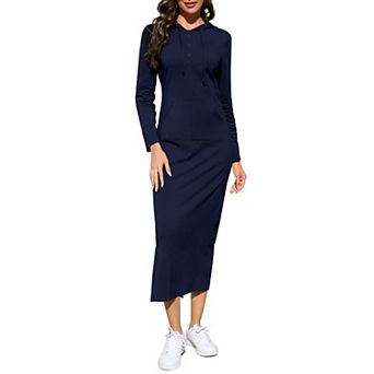 Women's Casual Long Sleeve Button Slim Pullover Maxi Hoodie Dress Sweatshirt Dresses with Pocket