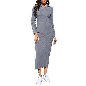 Women's Casual Long Sleeve Button Slim Pullover Maxi Hoodie Dress Sweatshirt Dresses with Pocket