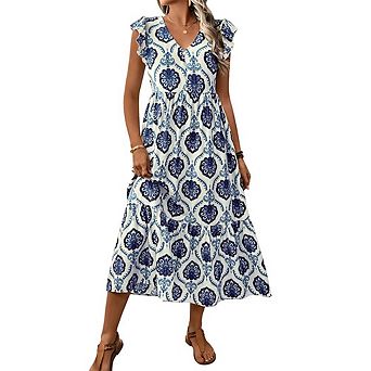 Women's Summer Vacation Loose Fit Deep V Neck Printed Long Dress Bohemia Maxi Dress