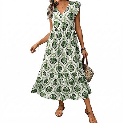 Women's Summer Vacation Loose Fit Deep V Neck Printed Long Dress Bohemia  Maxi Dress