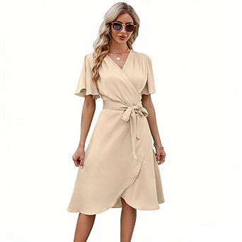 Women's V Neck Bodycon Dress Bell Sleeve Slip Midi Dress Party Evening Dresses