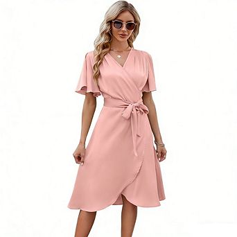 Women's V Neck Bodycon Dress Bell Sleeve Slip Midi Dress Party Evening Dresses