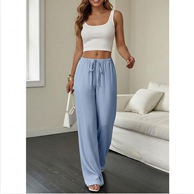 Women's Mid Waisted Drawstring Wide Leg Pants Casual Solid Color Trousers