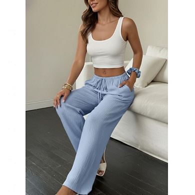 Women's Mid Waisted Drawstring Wide Leg Pants Casual Solid Color Trousers