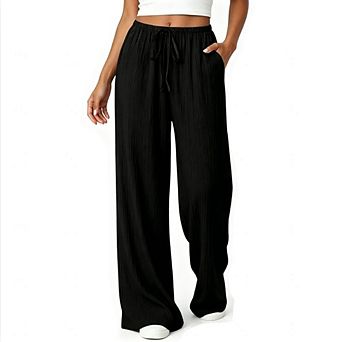Women's Mid Waisted Drawstring Wide Leg Pants Casual Solid Color Trousers