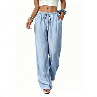 Women's Mid Waisted Drawstring Wide Leg Pants Casual Solid Color Trousers