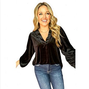Women's Velvet V-Neck Blouse Puff 3/4 Sleeve Loose Fit Casual Top