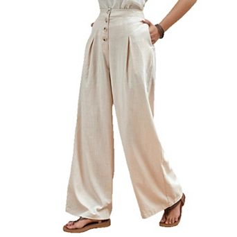 Women's High Waisted Linen Blend Wide Leg Pants Button Casual Trousers