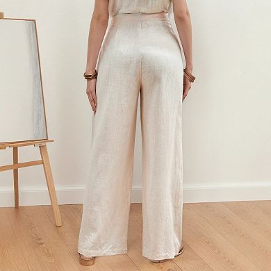 Women's High Waisted Linen Blend Wide Leg Pants Button Casual Trousers