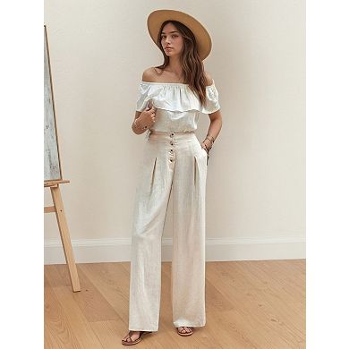 Women's High Waisted Linen Blend Wide Leg Pants Button Casual Trousers