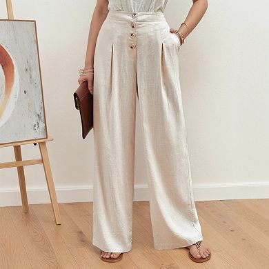 Women's High Waisted Linen Blend Wide Leg Pants Button Casual Trousers