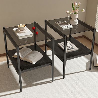 Set of 2 Rectangle End Table, Tempered Glass Top