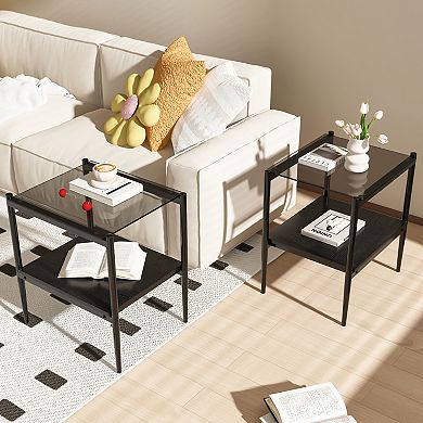 Set of 2 Rectangle End Table, Tempered Glass Top