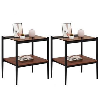 Set of 2 Rectangle End Table, Tempered Glass Top