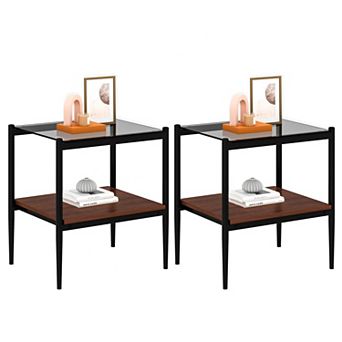 Set of 2 Rectangle End Table, Tempered Glass Top
