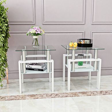 Set of 2 Modern Tempered Glass End Tables, Clear Top and Frosted Base