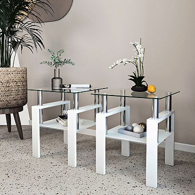 Set of 2 Modern Tempered Glass End Tables, Clear Top and Frosted Base