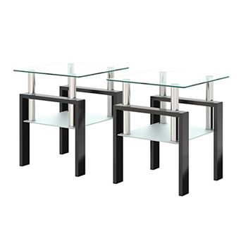 Set of 2 Modern Tempered Glass End Tables, Clear Top and Frosted Base