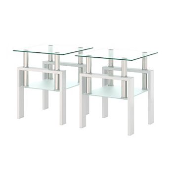 Set of 2 Modern Tempered Glass End Tables, Clear Top and Frosted Base