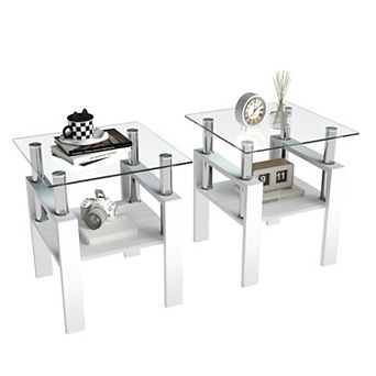 Set of 2 Modern Tempered Glass End Tables, Clear Top and Frosted Base