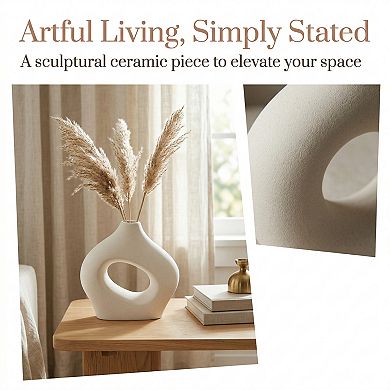 Modern White Donut Vase for Home Decor Hollow Circle Ceramic Flower Vases 5.7"Lx1.6"Wx5.7"H