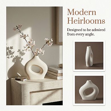 Modern White Donut Vase for Home Decor Hollow Circle Ceramic Flower Vases 5.7"Lx1.6"Wx5.7"H