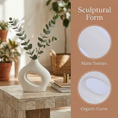 Modern White Donut Vase for Home Decor Hollow Circle Ceramic Flower Vases 5.7"Lx1.6"Wx5.7"H