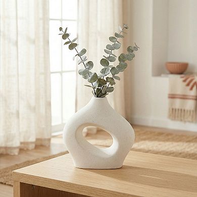 Modern White Donut Vase for Home Decor Hollow Circle Ceramic Flower Vases 5.7"Lx1.6"Wx5.7"H