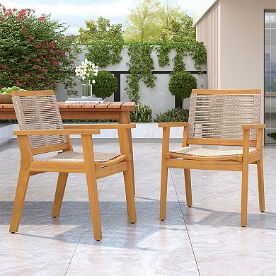 Merax Outdoor Dining Chairs Set of 2, Teak Finish Wood Frame