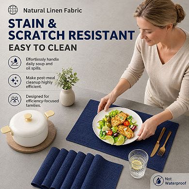 Cotton Linen Placemats Set of 6 Heat-Resistant Washable Navy Blue
