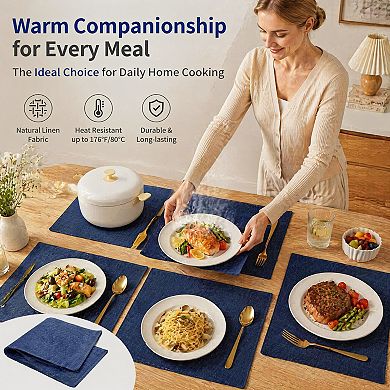 Cotton Linen Placemats Set of 6 Heat-Resistant Washable Navy Blue
