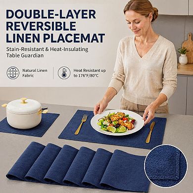 Cotton Linen Placemats Set of 6 Heat-Resistant Washable Navy Blue