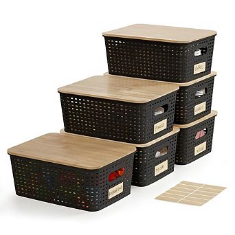 6 Pack Stackable Plastic Storage Bins With Lids Labels For Home Office Organization
