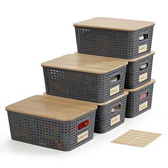 6 Pack Stackable Plastic Storage Bins With Lids Labels For Home Office Organization