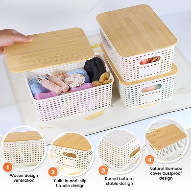 BPA Free PP Plastic Lidded Storage Baskets Stackable Organizer Bins 6 Pack