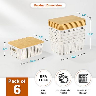 BPA Free PP Plastic Lidded Storage Baskets Stackable Organizer Bins 6 Pack