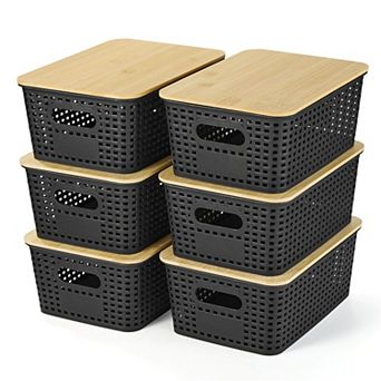 BPA Free PP Plastic Lidded Storage Baskets Stackable Organizer Bins 6 Pack